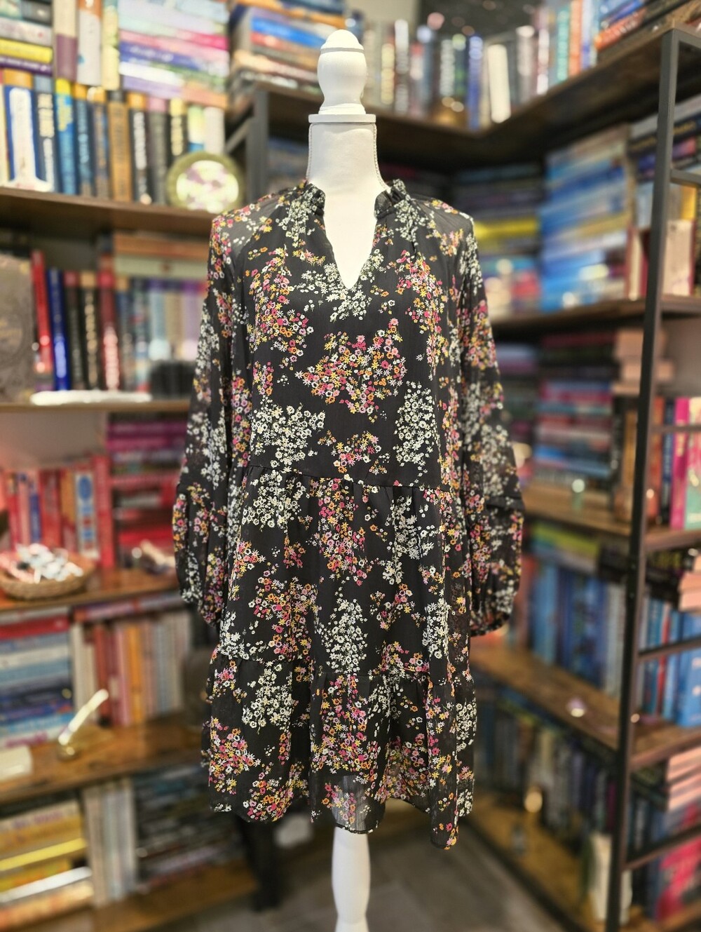 MSK Black Floral V-Neck Long Sleeve Dress